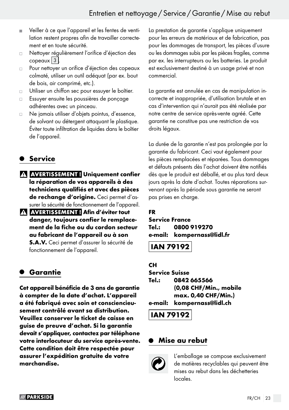 Q service, Q garantie, Q mise au rebut | Service, Garantie, Mise au rebut | Parkside PEH 30 A1 User Manual | Page 23 / 45