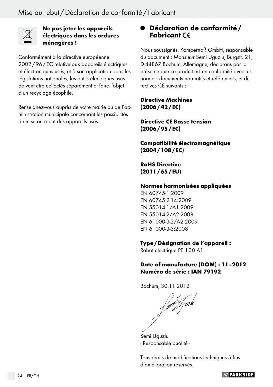 Q déclaration de conformité / fabricant, Déclaration de conformité / fabricant, Indice | Parkside PEH 30 A1 User Manual | Page 24 / 45