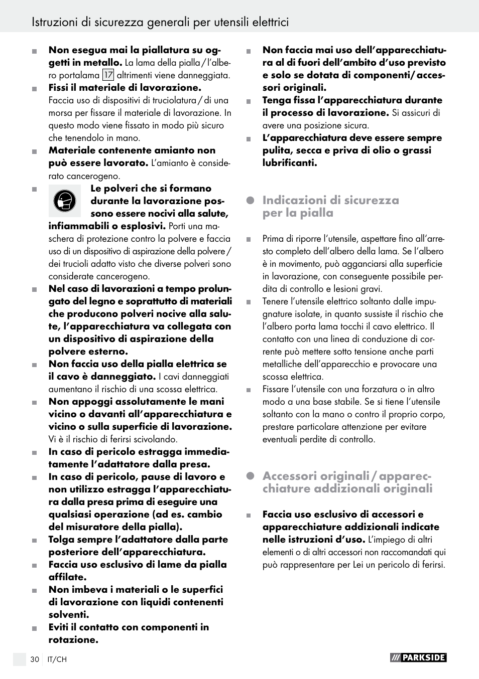 Indicazioni di sicurezza per la pialla | Parkside PEH 30 A1 User Manual | Page 30 / 45