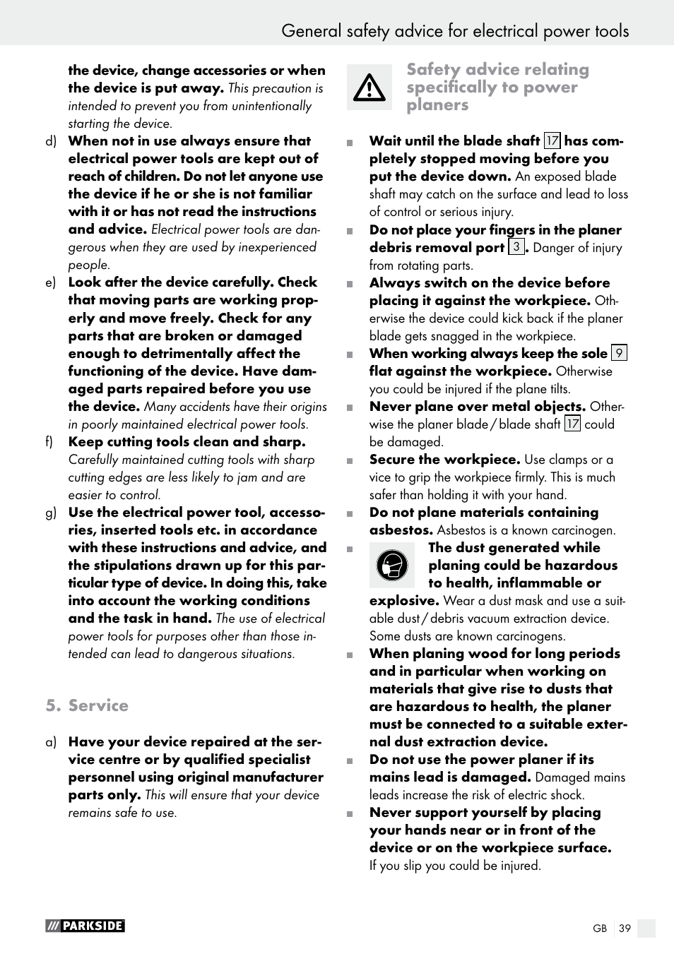 Service, General safety advice for electrical power tools | Parkside PEH 30 A1 User Manual | Page 39 / 45