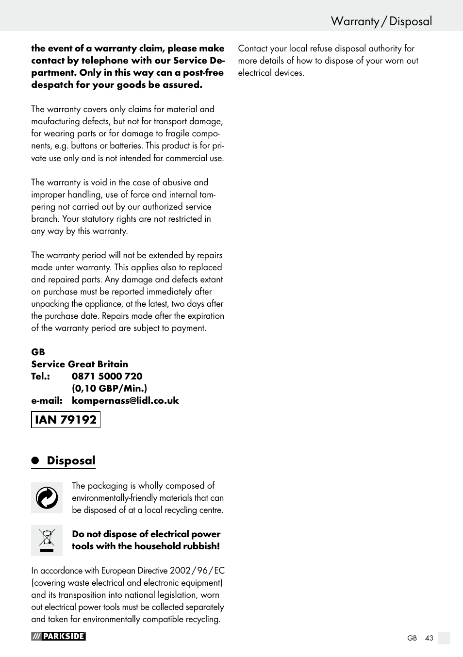 Q disposal, Disposal | Parkside PEH 30 A1 User Manual | Page 43 / 45