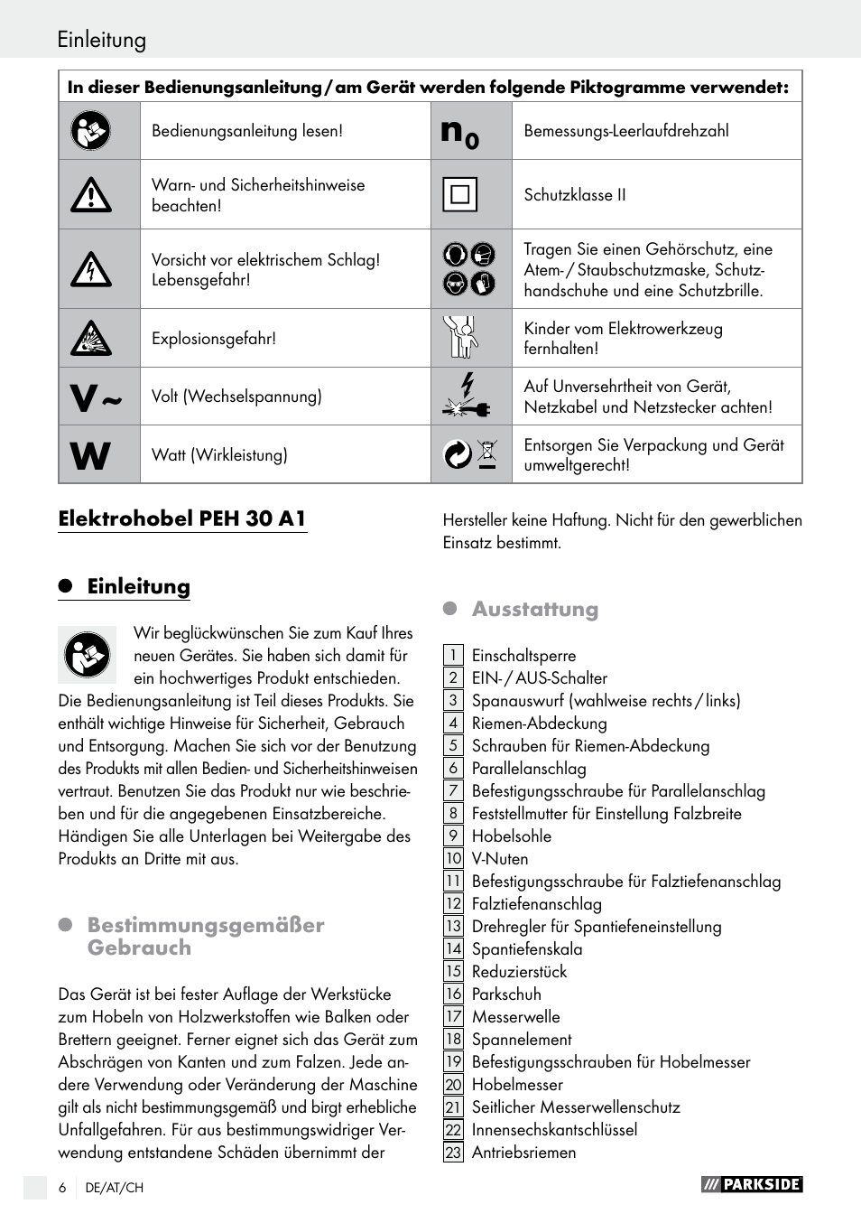 Einleitung, Bestimmungsgemäßer gebrauch, Ausstattung | Parkside PEH 30 A1 User Manual | Page 6 / 45