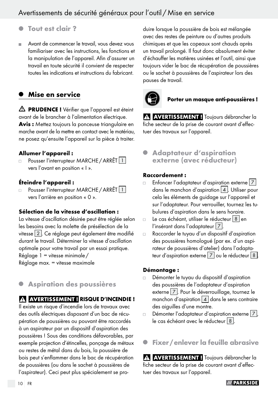 Tout est clair, Mise en service, Aspiration des poussières | Adaptateur d‘aspiration externe (avec réducteur), Fixer / enlever la feuille abrasive | Parkside PDS 290 A1 User Manual | Page 10 / 33