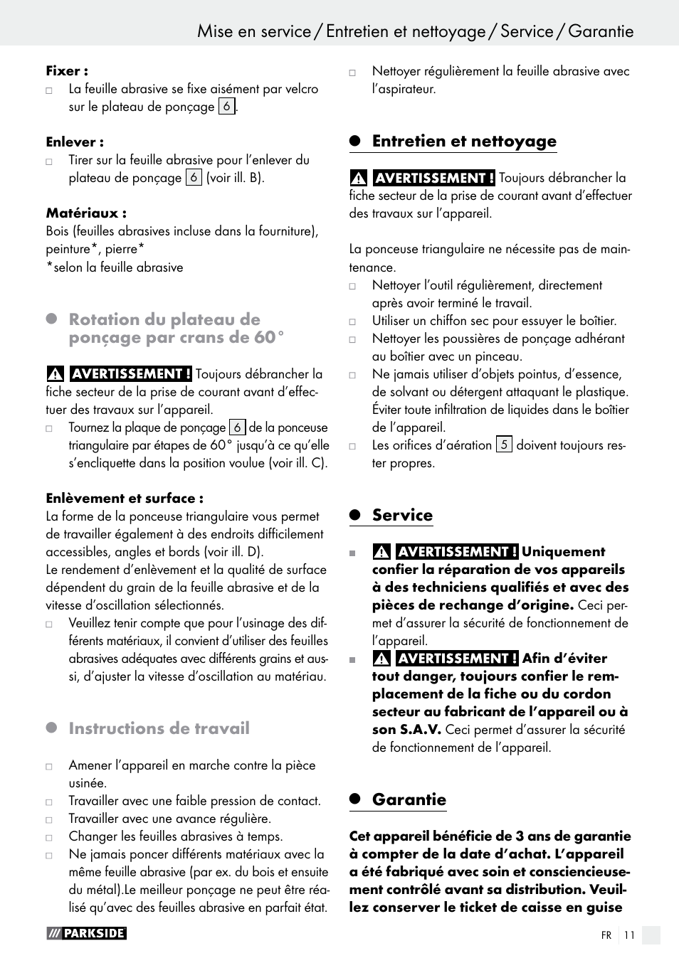 Rotation du plateau de ponçage par crans de 60, Instructions de travail, Entretien et nettoyage | Service, Garantie | Parkside PDS 290 A1 User Manual | Page 11 / 33