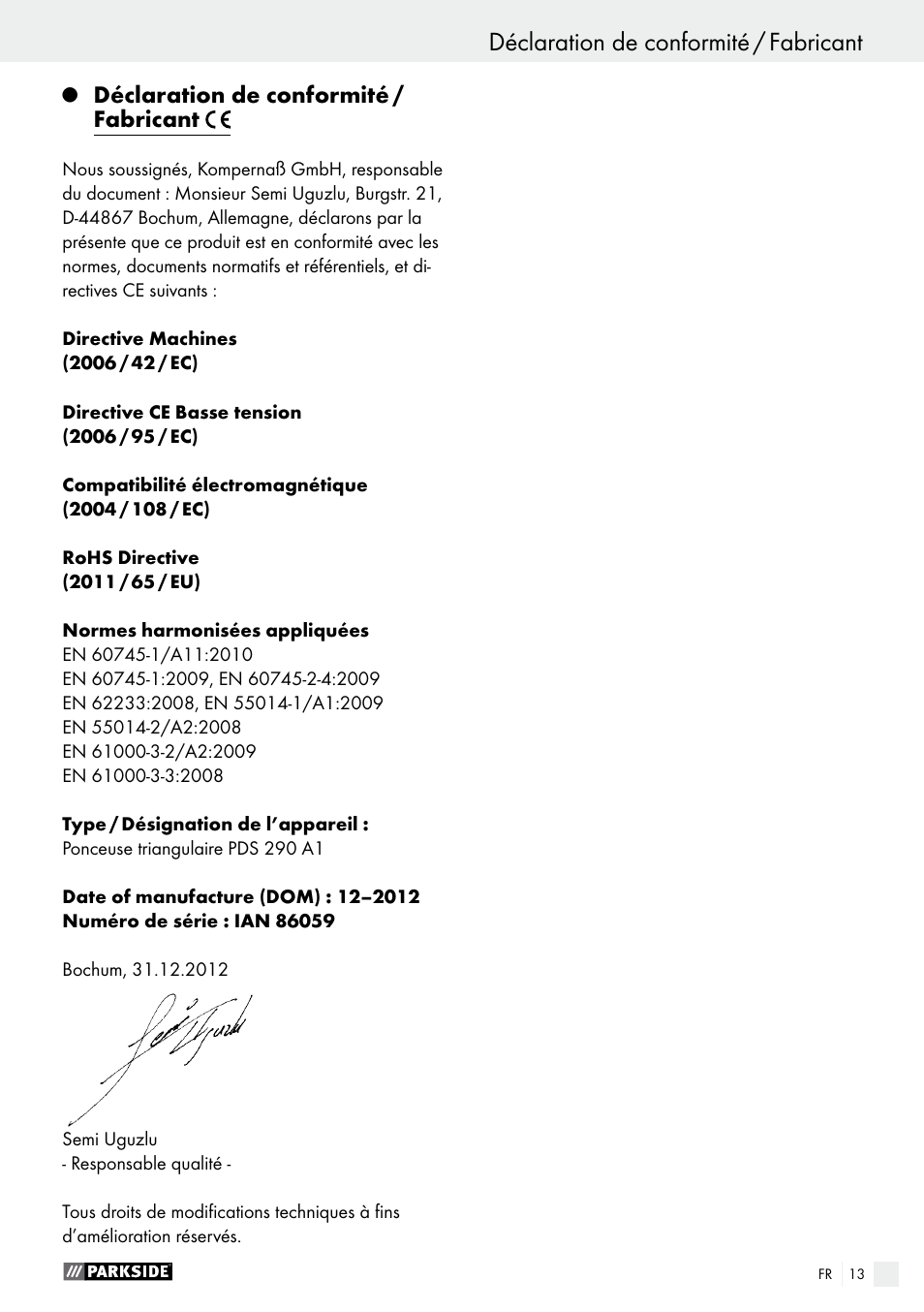 Déclaration de conformité / fabricant, Garantie / mise au rebut | Parkside PDS 290 A1 User Manual | Page 13 / 33