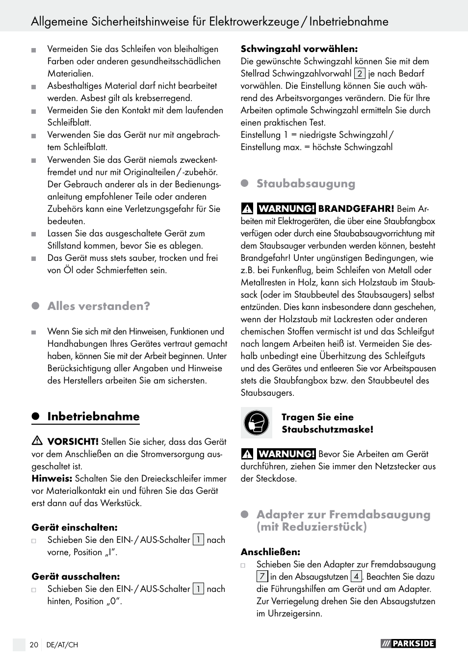 Alles verstanden, Inbetriebnahme, Staubabsaugung | Adapter zur fremdabsaugung (mit reduzierstück) | Parkside PDS 290 A1 User Manual | Page 20 / 33