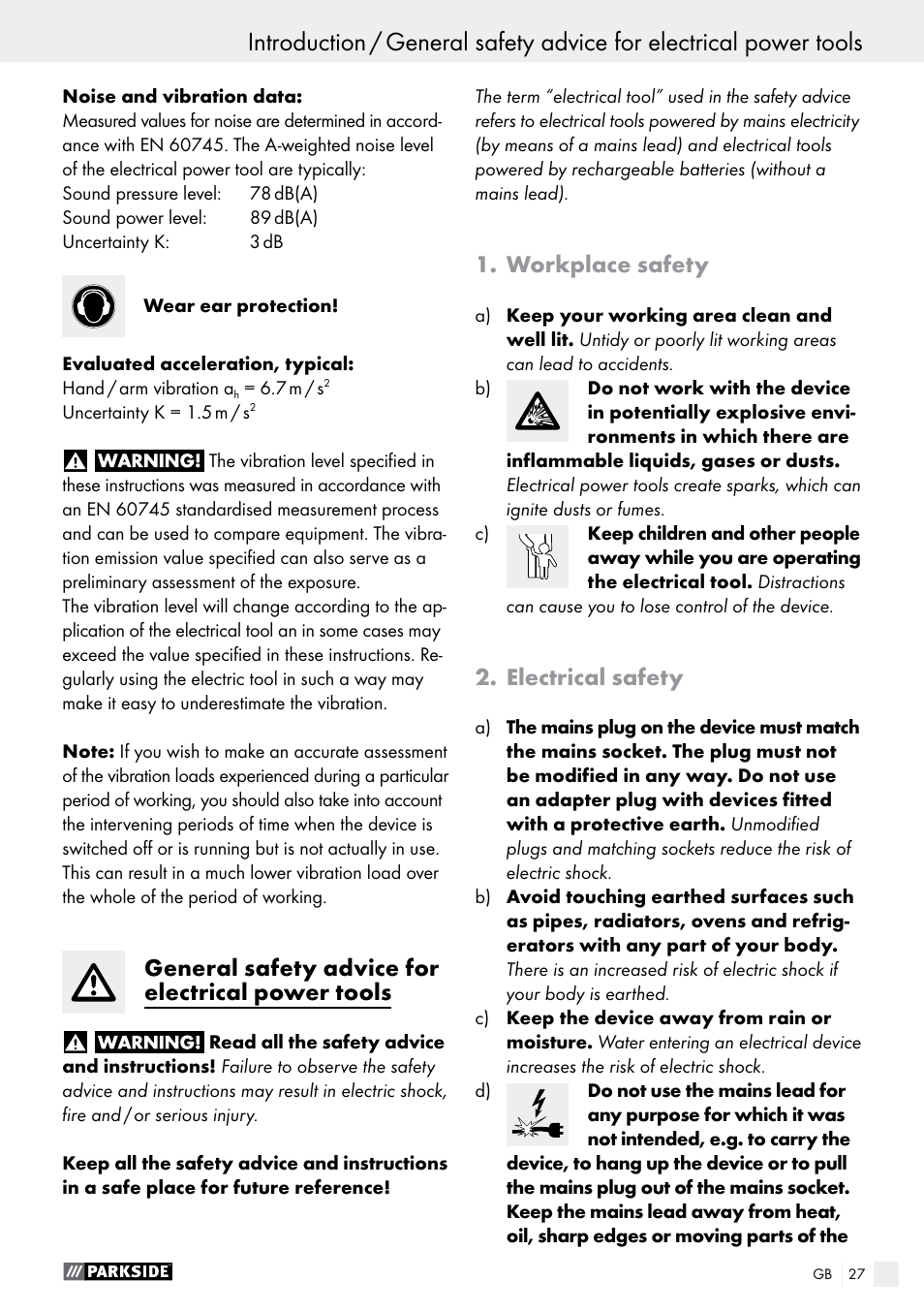 Introduction, General safety advice for electrical power tools, Workplace safety | Electrical safety | Parkside PDS 290 A1 User Manual | Page 27 / 33