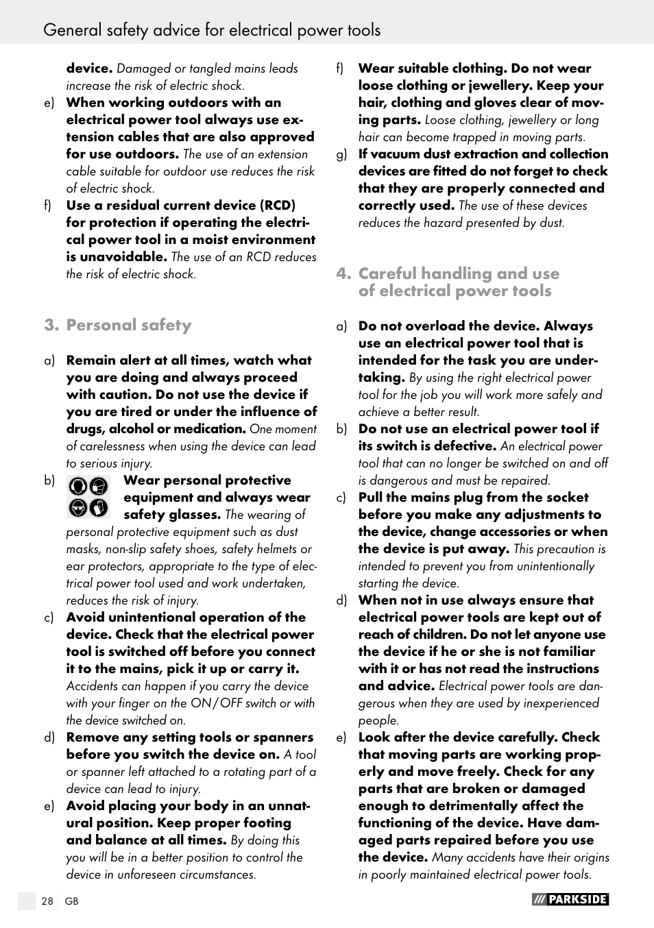 Personal safety, Careful handling and use of electrical power tools | Parkside PDS 290 A1 User Manual | Page 28 / 33