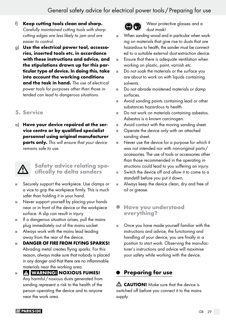 Service, Have you understood everything, Preparing for use | Parkside PDS 290 A1 User Manual | Page 29 / 33