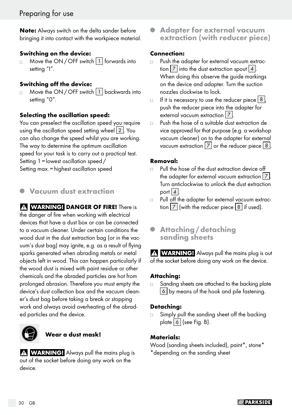 Vacuum dust extraction, Attaching / detaching sanding sheets | Parkside PDS 290 A1 User Manual | Page 30 / 33