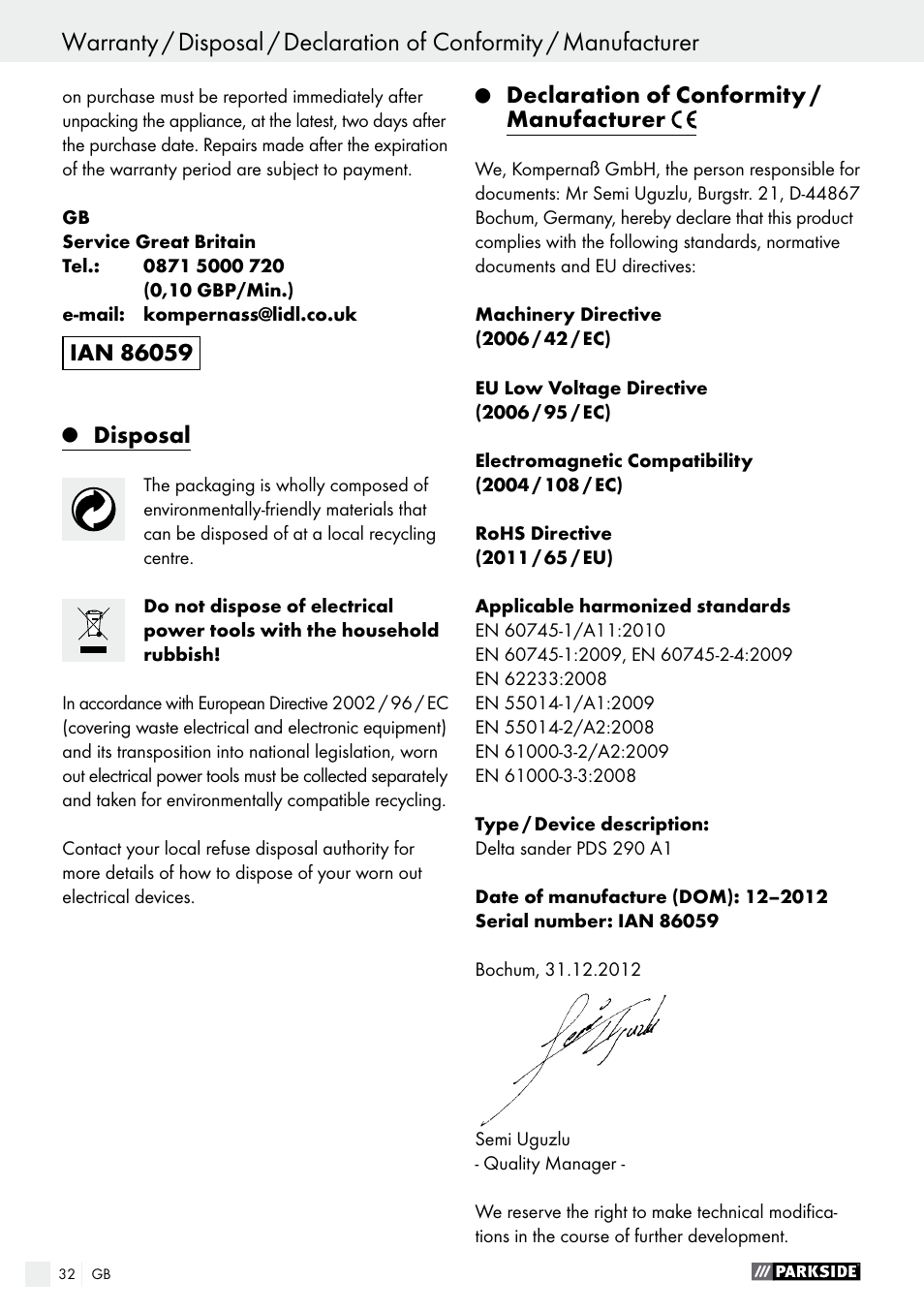 Disposal, Declaration of conformity / manufacturer | Parkside PDS 290 A1 User Manual | Page 32 / 33