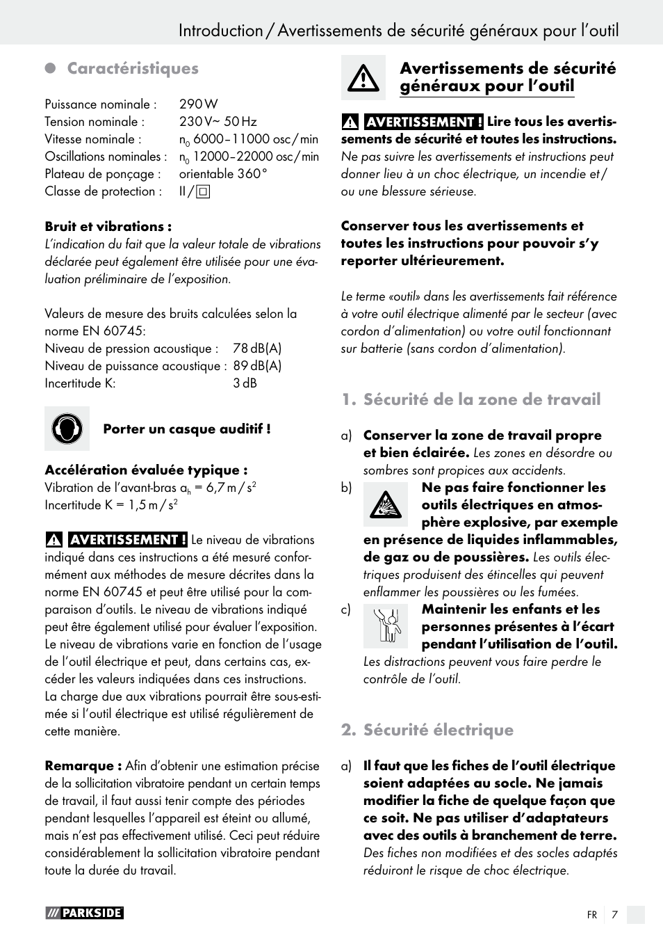 Caractéristiques, Avertissements de sécurité généraux pour l’outil, Sécurité de la zone de travail | Sécurité électrique | Parkside PDS 290 A1 User Manual | Page 7 / 33