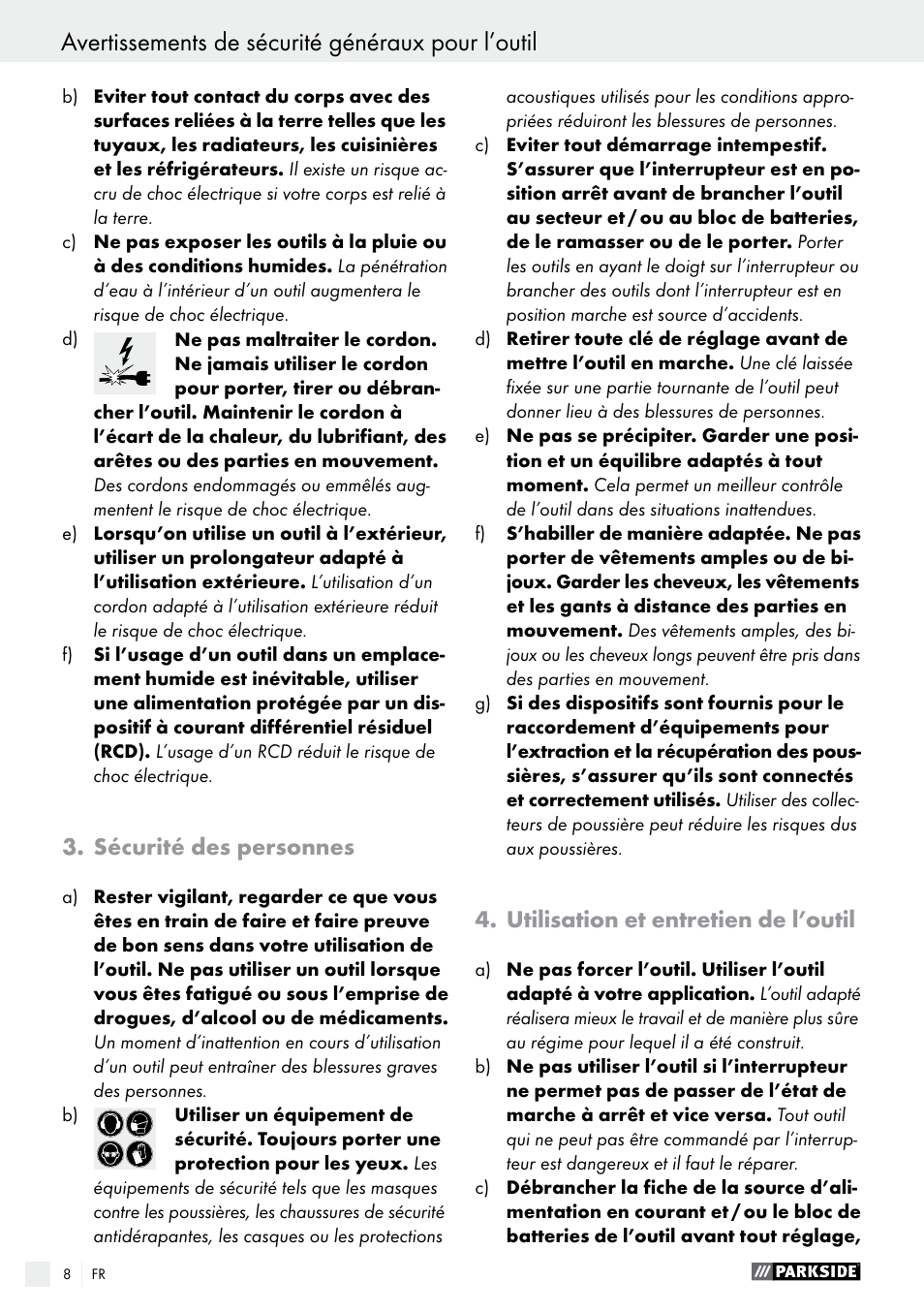Avertissements de sécurité généraux pour l’outil, Sécurité des personnes, Utilisation et entretien de l’outil | Parkside PDS 290 A1 User Manual | Page 8 / 33