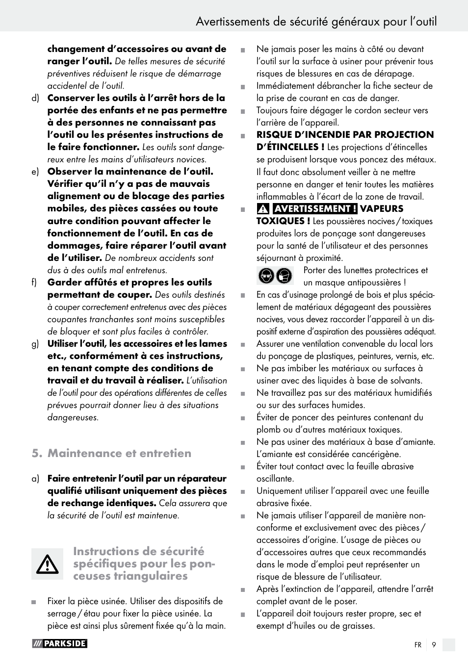 Avertissements de sécurité généraux pour l’outil, Maintenance et entretien | Parkside PDS 290 A1 User Manual | Page 9 / 33