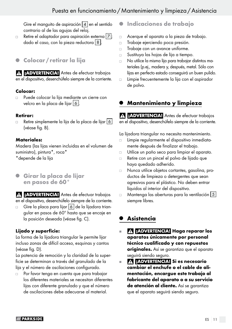 Colocar / retirar la lija, Girar la placa de lijar en pasos de 60, Indicaciones de trabajo | Mantenimiento y limpieza, Asistencia | Parkside PDS 290 A1 User Manual | Page 11 / 42