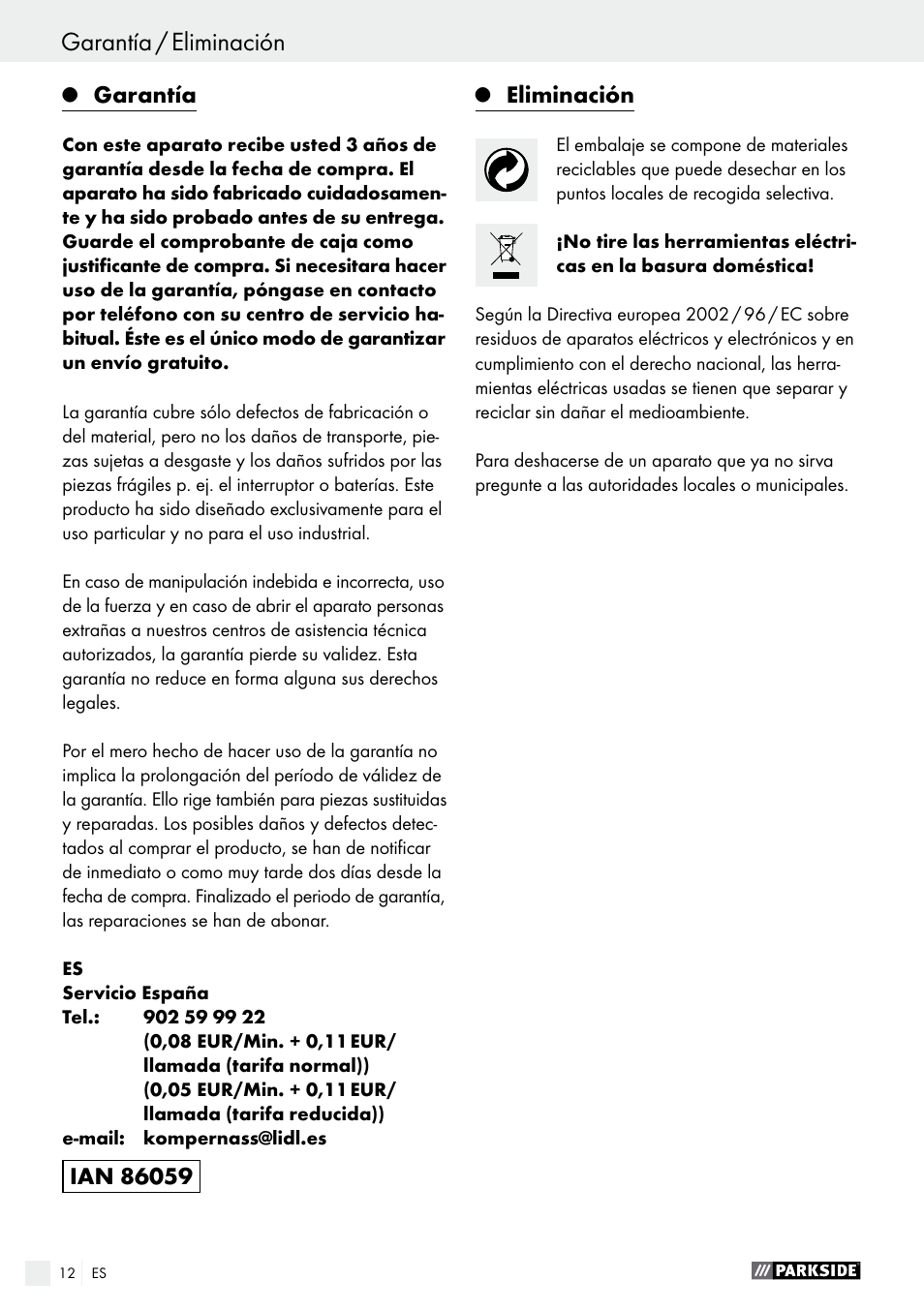 Declaración de conformidad / fabricante, Garantía / eliminación, Garantía | Eliminación | Parkside PDS 290 A1 User Manual | Page 12 / 42