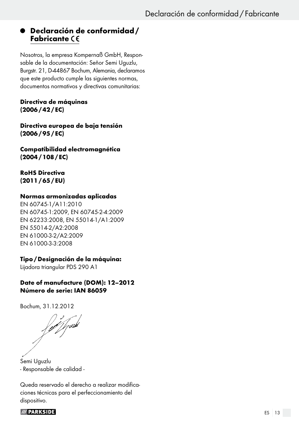 Declaración de conformidad / fabricante, Garantía / eliminación | Parkside PDS 290 A1 User Manual | Page 13 / 42