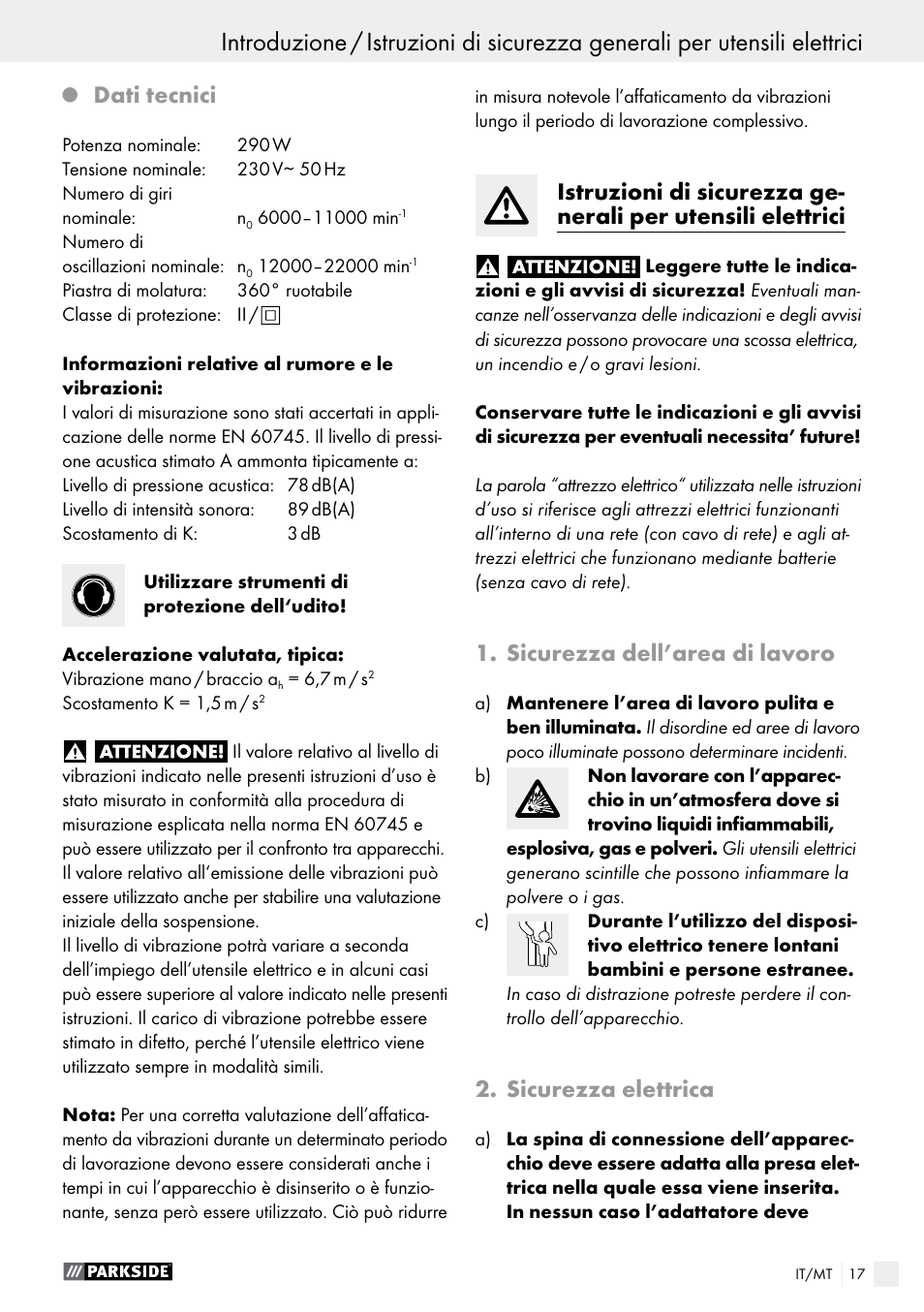 Dati tecnici, Sicurezza dell’area di lavoro, Sicurezza elettrica | Parkside PDS 290 A1 User Manual | Page 17 / 42