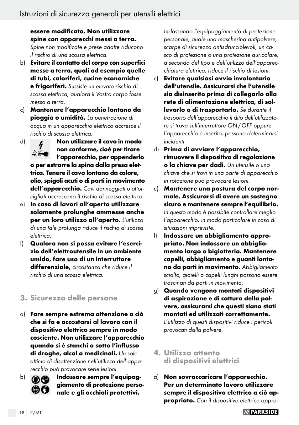 Sicurezza delle persone, Utilizzo attento di dispositivi elettrici | Parkside PDS 290 A1 User Manual | Page 18 / 42