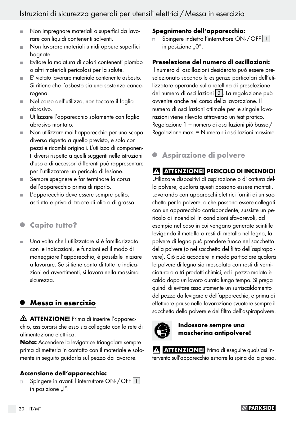 Capito tutto, Messa in esercizio, Aspirazione di polvere | Parkside PDS 290 A1 User Manual | Page 20 / 42