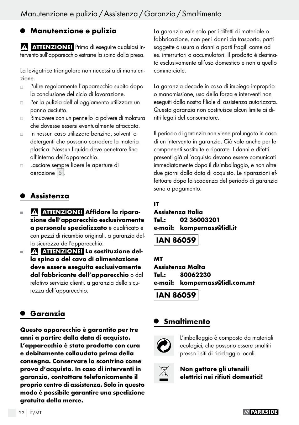 Manutenzione e pulizia, Assistenza, Garanzia | Smaltimento | Parkside PDS 290 A1 User Manual | Page 22 / 42