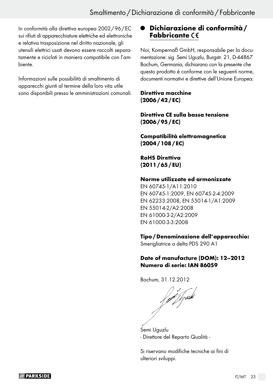 Dichiarazione di conformità / fabbricante | Parkside PDS 290 A1 User Manual | Page 23 / 42