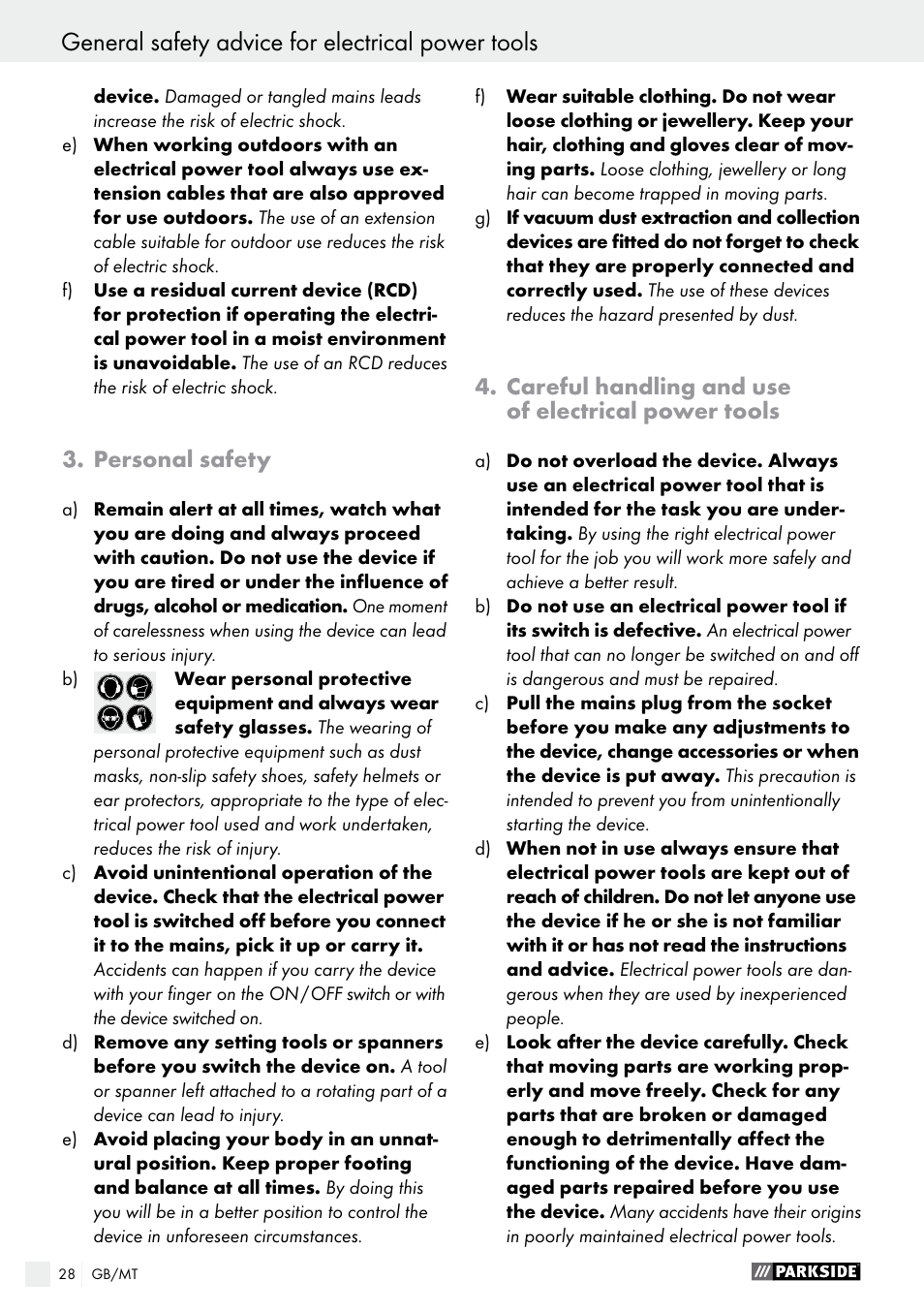 Personal safety, Careful handling and use of electrical power tools | Parkside PDS 290 A1 User Manual | Page 28 / 42