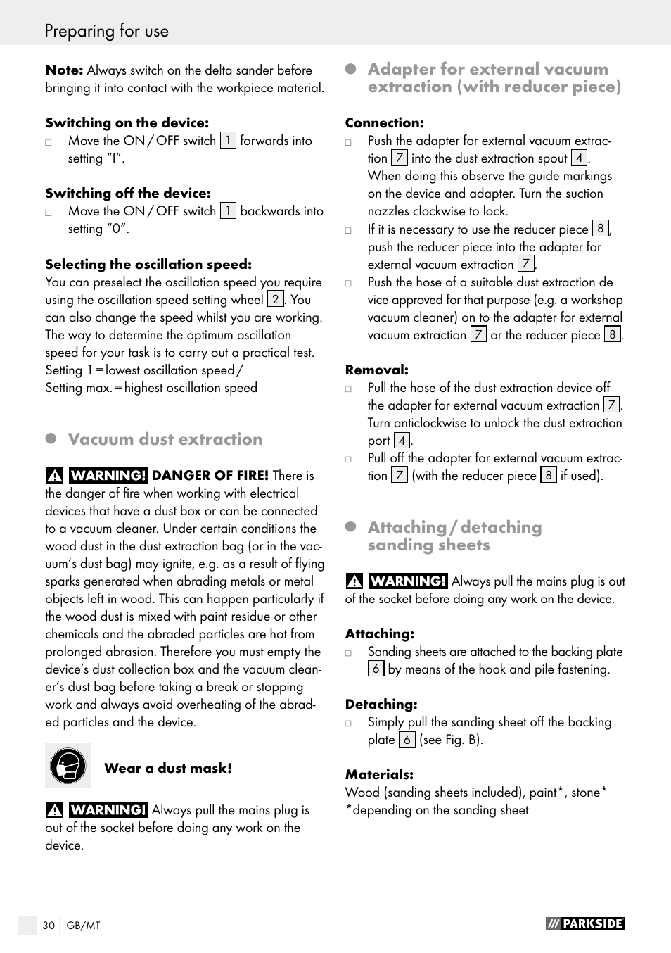 Vacuum dust extraction, Attaching / detaching sanding sheets | Parkside PDS 290 A1 User Manual | Page 30 / 42