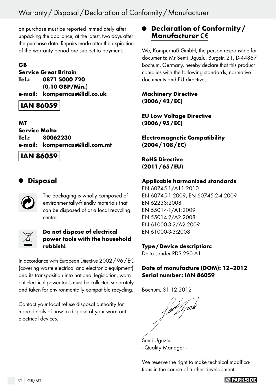 Parkside PDS 290 A1 User Manual | Page 32 / 42