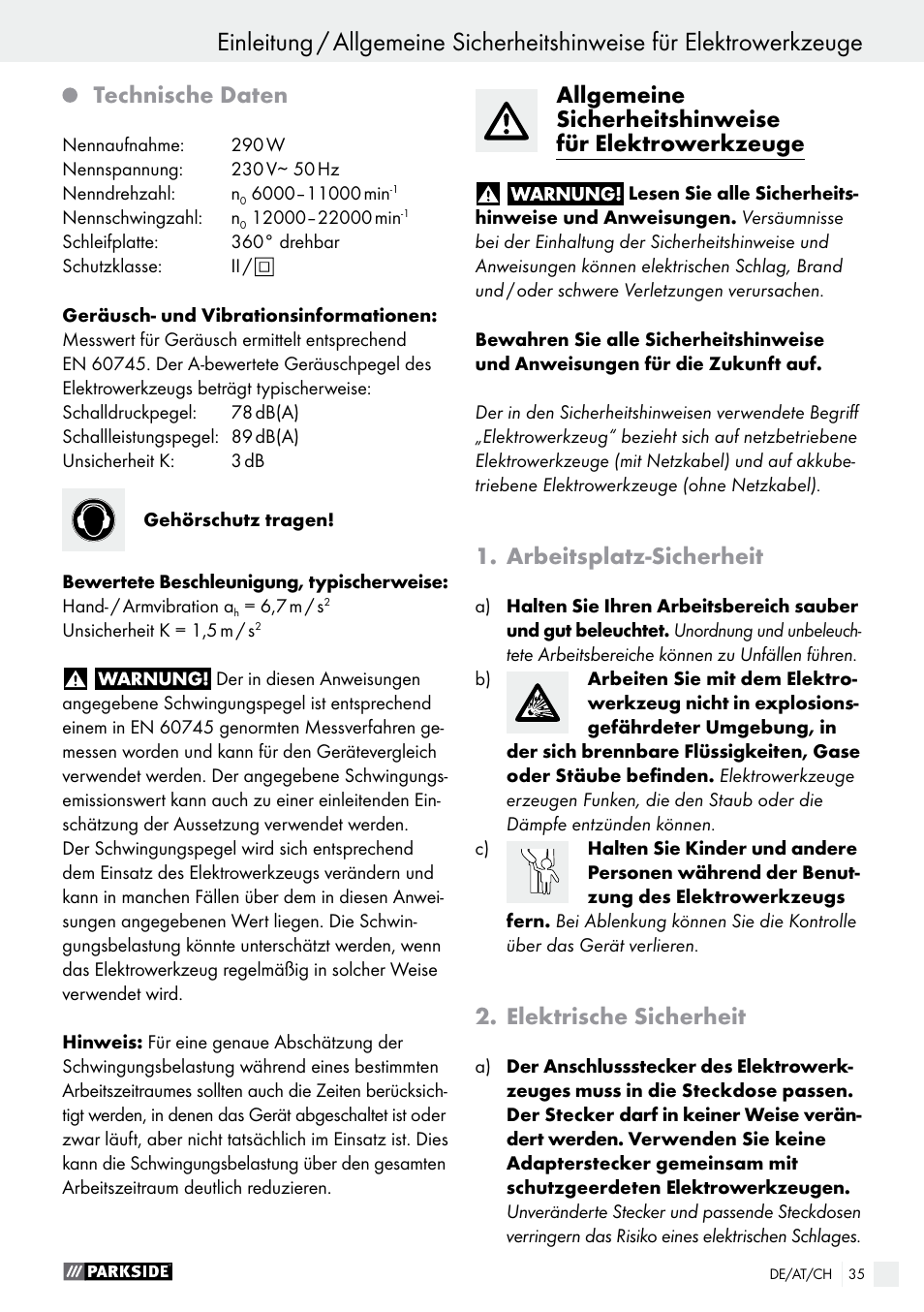 Technische daten, Arbeitsplatz-sicherheit, Elektrische sicherheit | Parkside PDS 290 A1 User Manual | Page 35 / 42