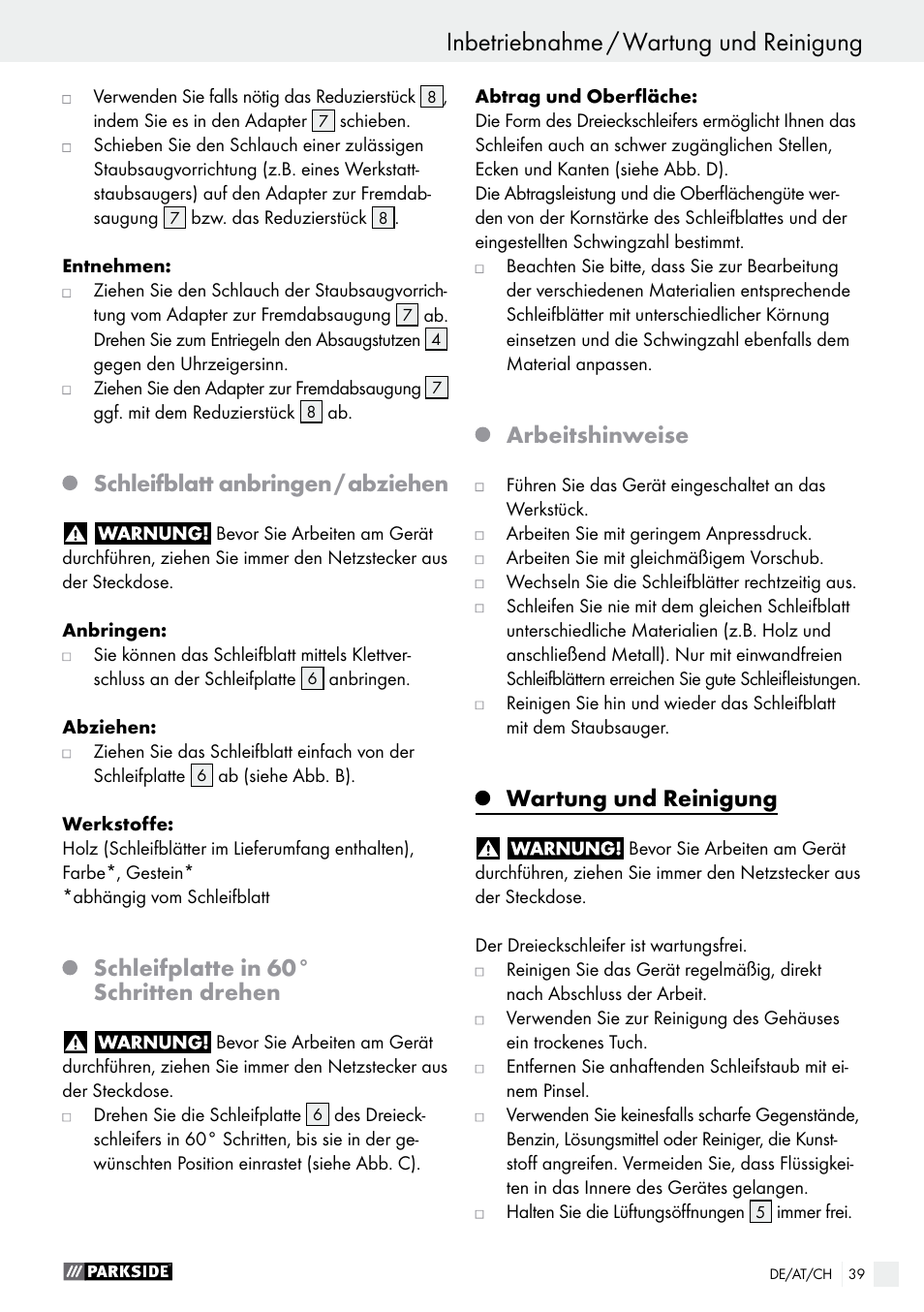 Schleifblatt anbringen / abziehen, Schleifplatte in 60° schritten drehen, Arbeitshinweise | Wartung und reinigung | Parkside PDS 290 A1 User Manual | Page 39 / 42