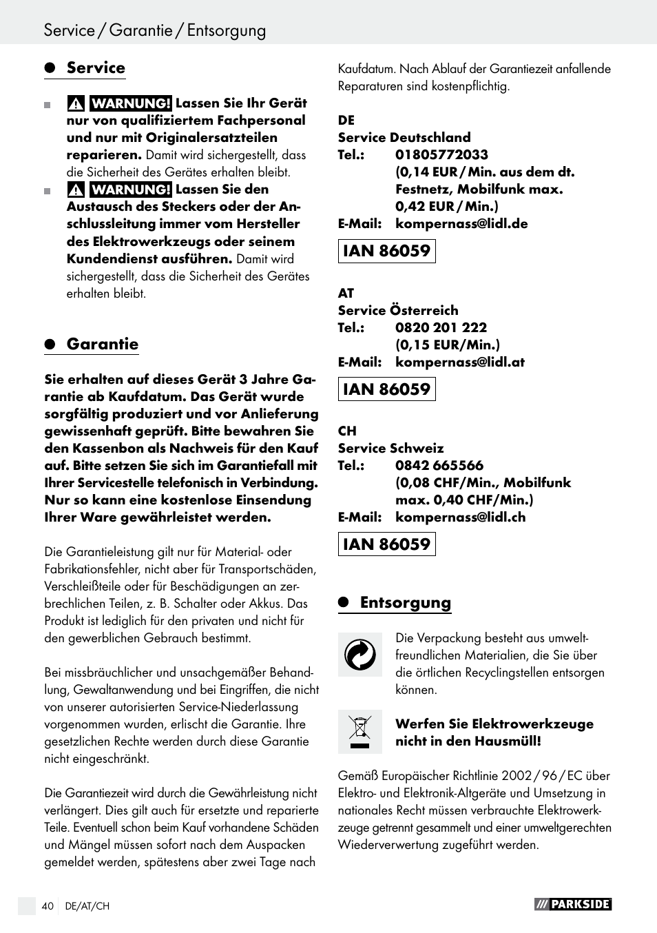 Parkside PDS 290 A1 User Manual | Page 40 / 42