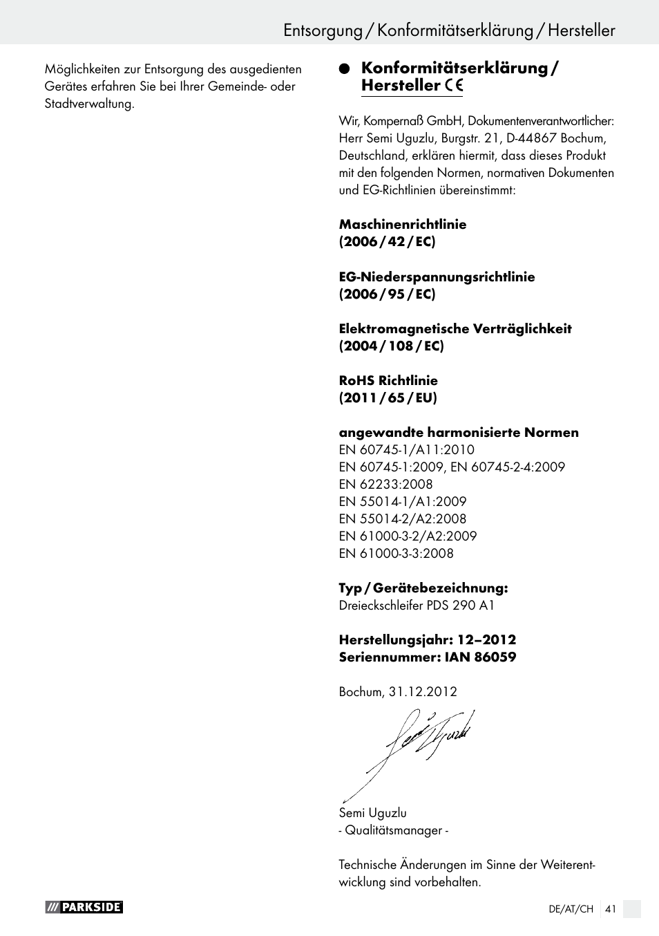 Konformitätserklärung / hersteller | Parkside PDS 290 A1 User Manual | Page 41 / 42