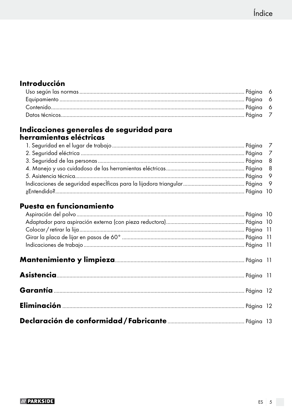 Índice | Parkside PDS 290 A1 User Manual | Page 5 / 42