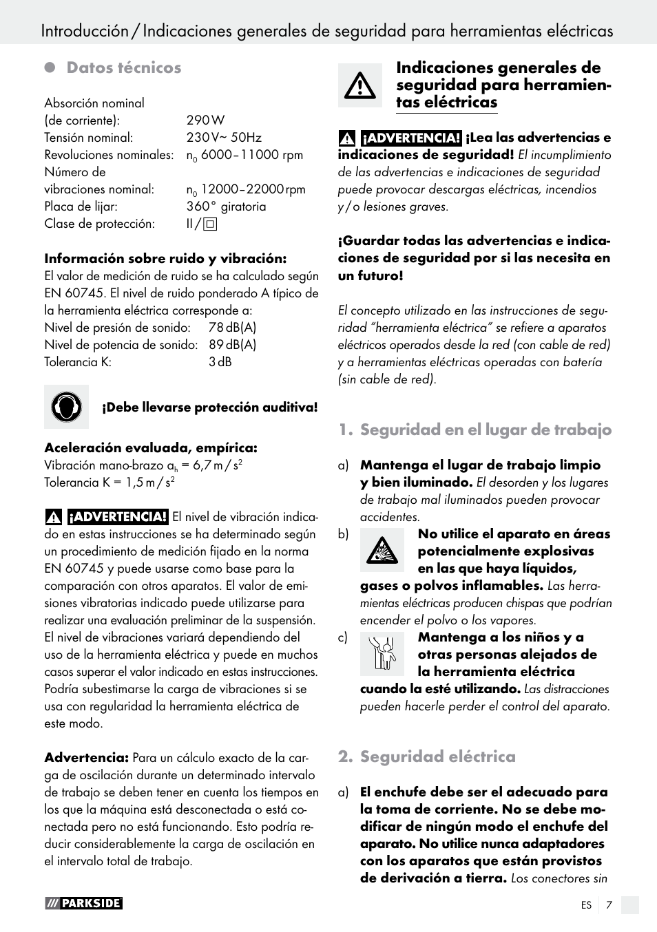 Introducción, Datos técnicos, Seguridad en el lugar de trabajo | Seguridad eléctrica | Parkside PDS 290 A1 User Manual | Page 7 / 42