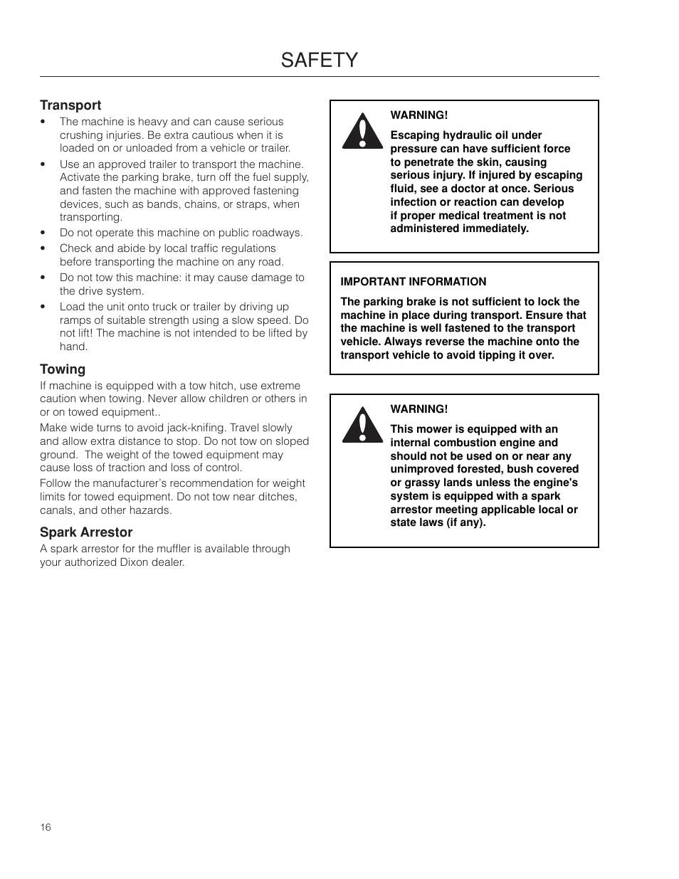 Transport, Towing, Spark arrestor | Safety | Dixon SpeedZTR 966496301 User Manual | Page 16 / 64