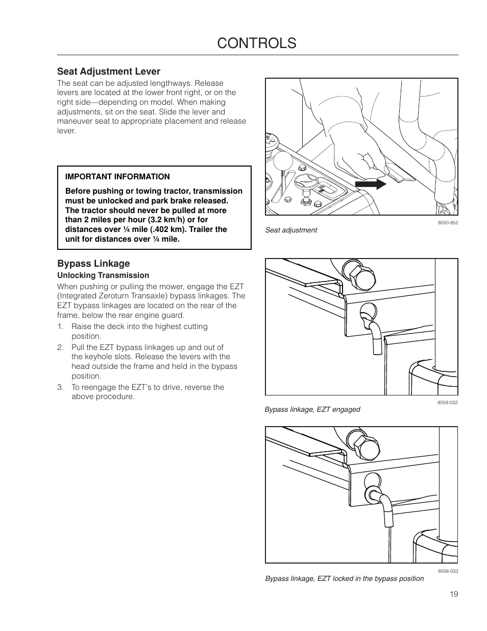 Seat adjustment lever, Bypass linkage, Controls | Dixon SpeedZTR 966496301 User Manual | Page 19 / 64