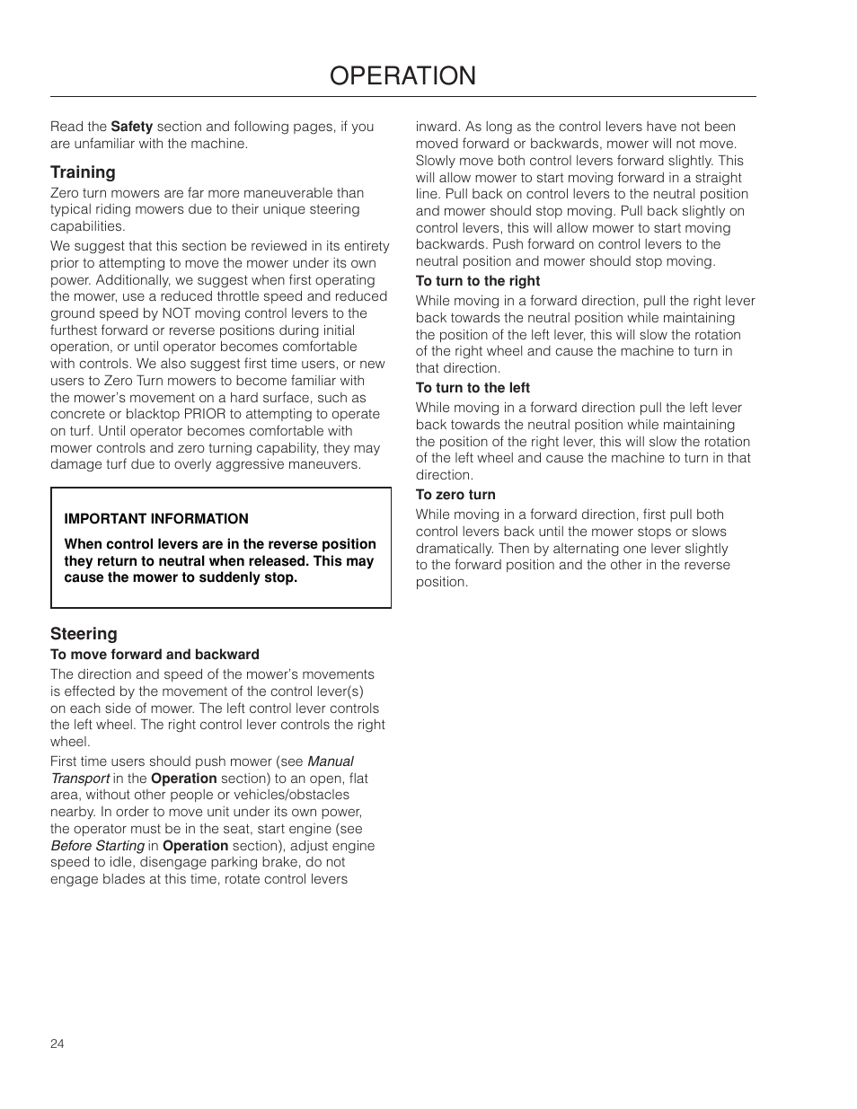 Operation, Training, Steering | Dixon SpeedZTR 966496301 User Manual | Page 24 / 64