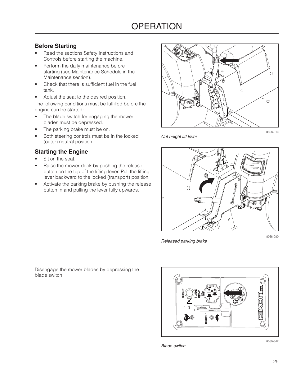 Before starting, Starting the engine, Operation | Dixon SpeedZTR 966496301 User Manual | Page 25 / 64