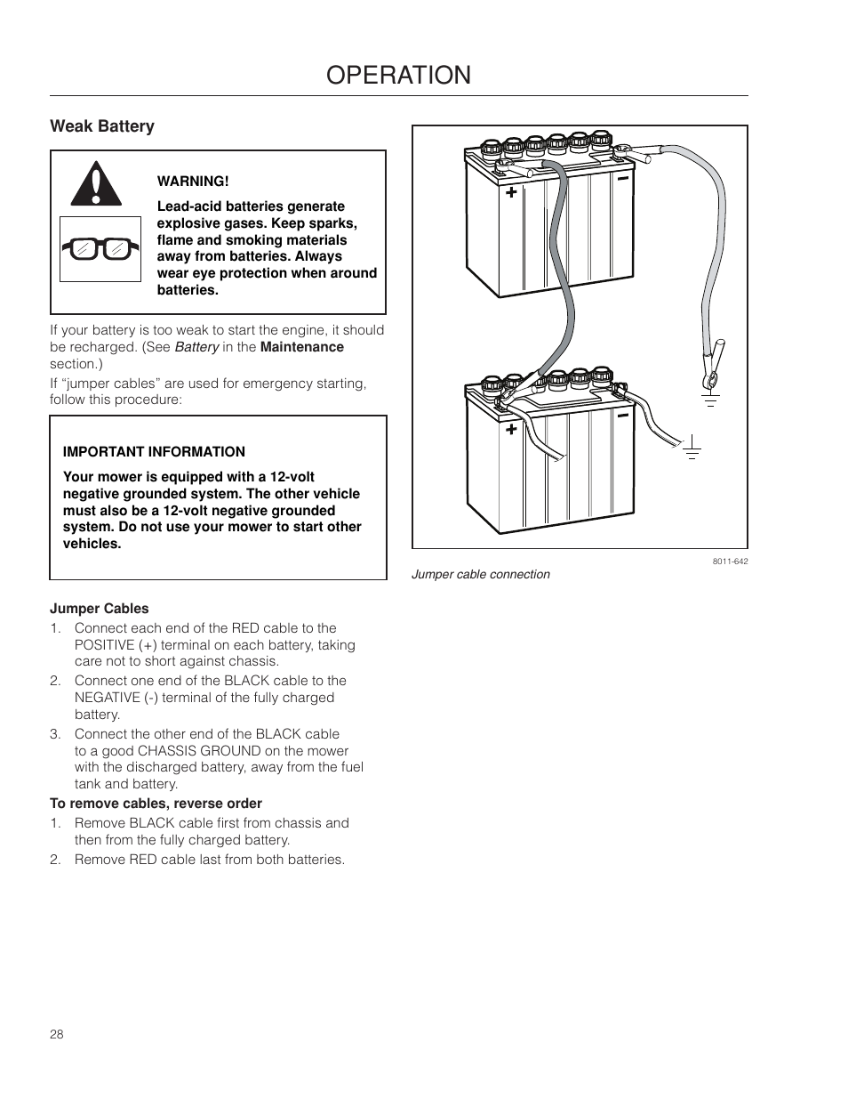 Weak battery, Jumper cables, Operation | Dixon SpeedZTR 966496301 User Manual | Page 28 / 64