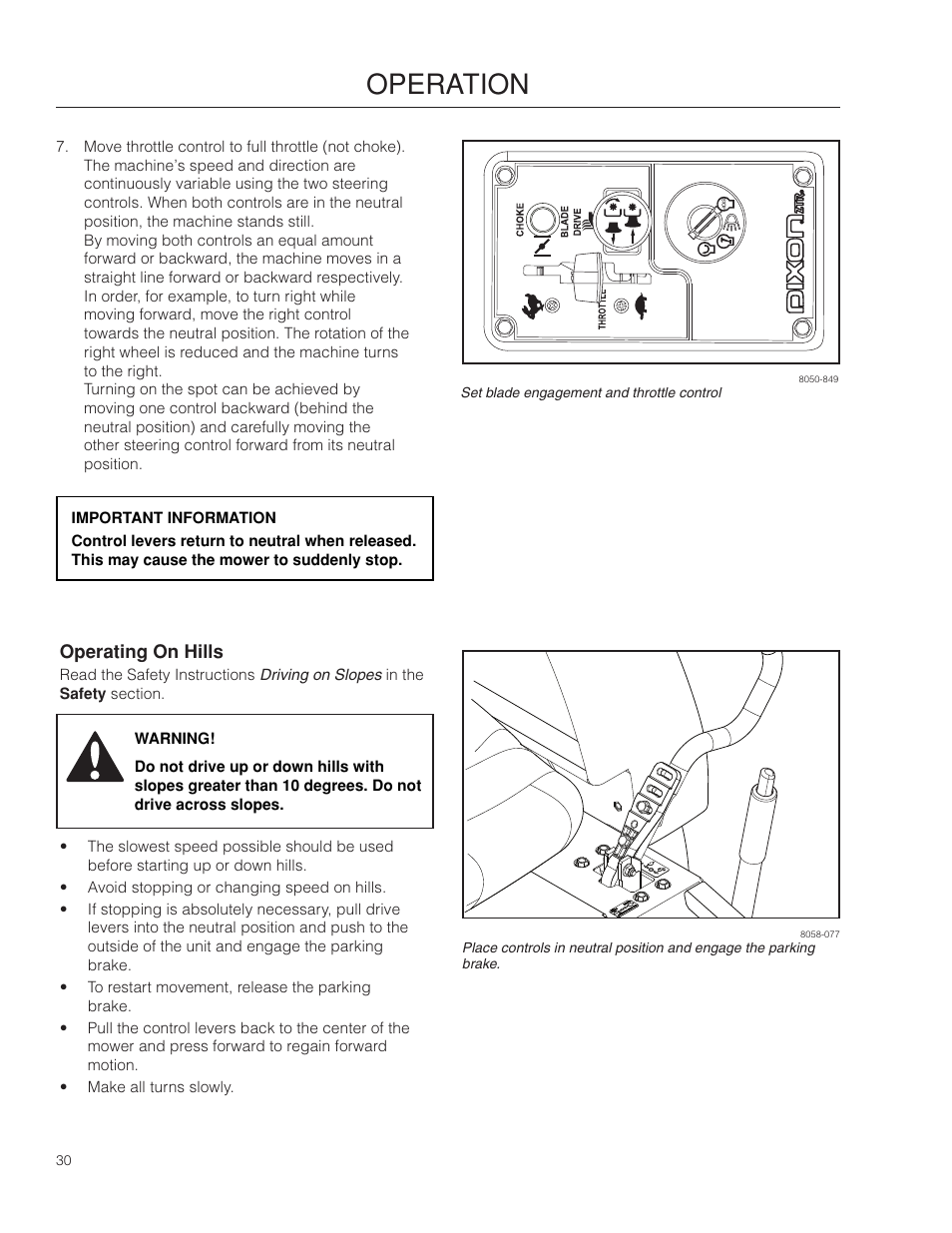 Operating on hills, Operation | Dixon SpeedZTR 966496301 User Manual | Page 30 / 64