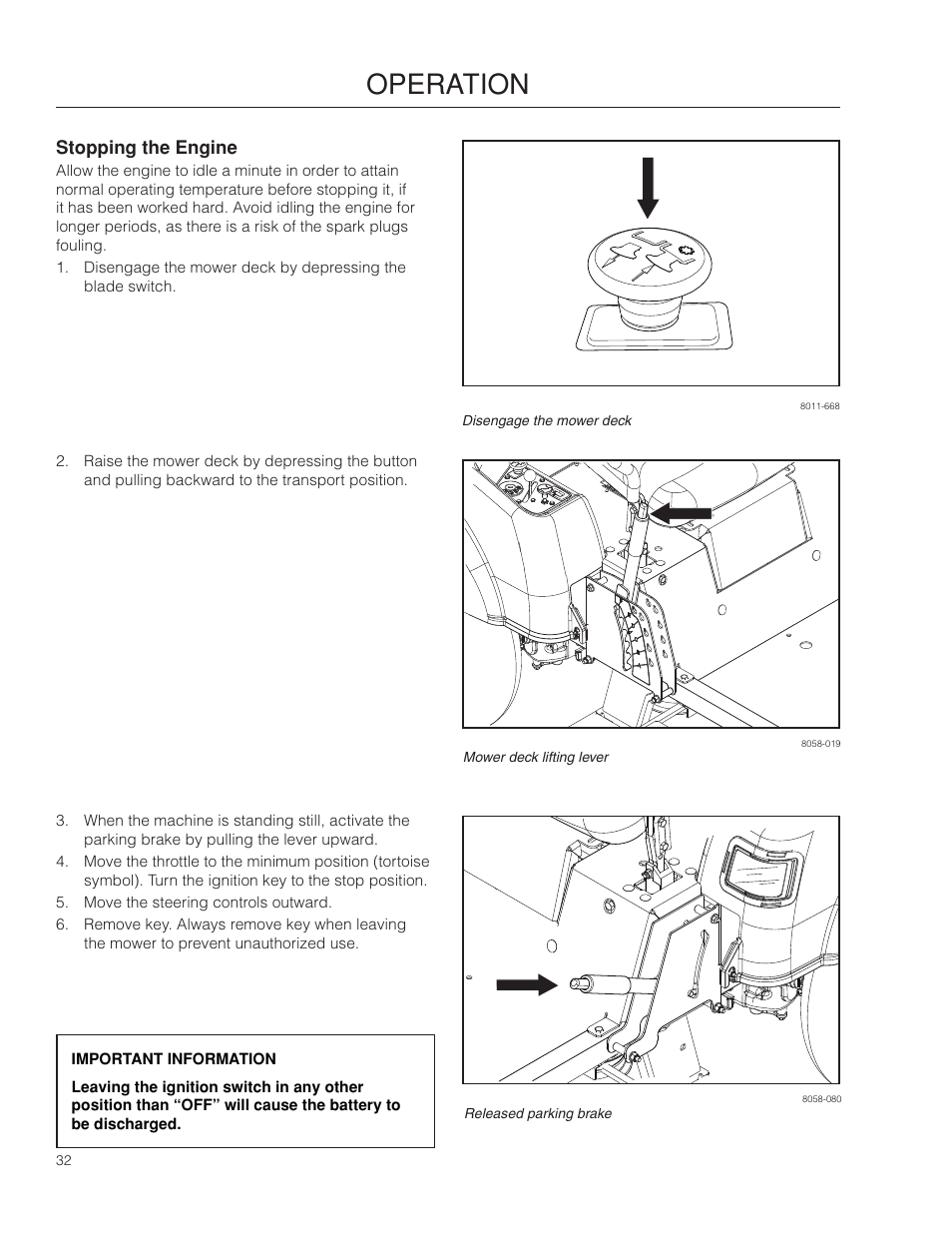 Stopping the engine, Operation | Dixon SpeedZTR 966496301 User Manual | Page 32 / 64