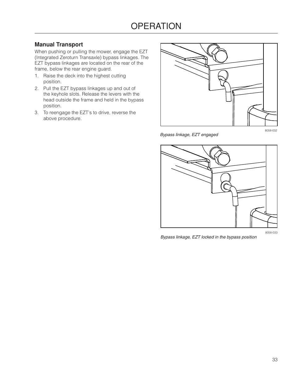 Manual transport, Operation | Dixon SpeedZTR 966496301 User Manual | Page 33 / 64