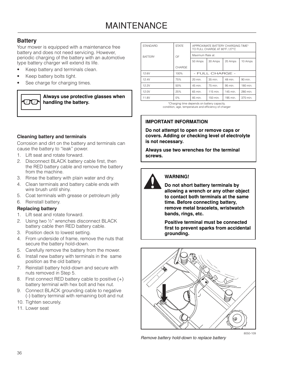 Battery, Maintenance | Dixon SpeedZTR 966496301 User Manual | Page 36 / 64