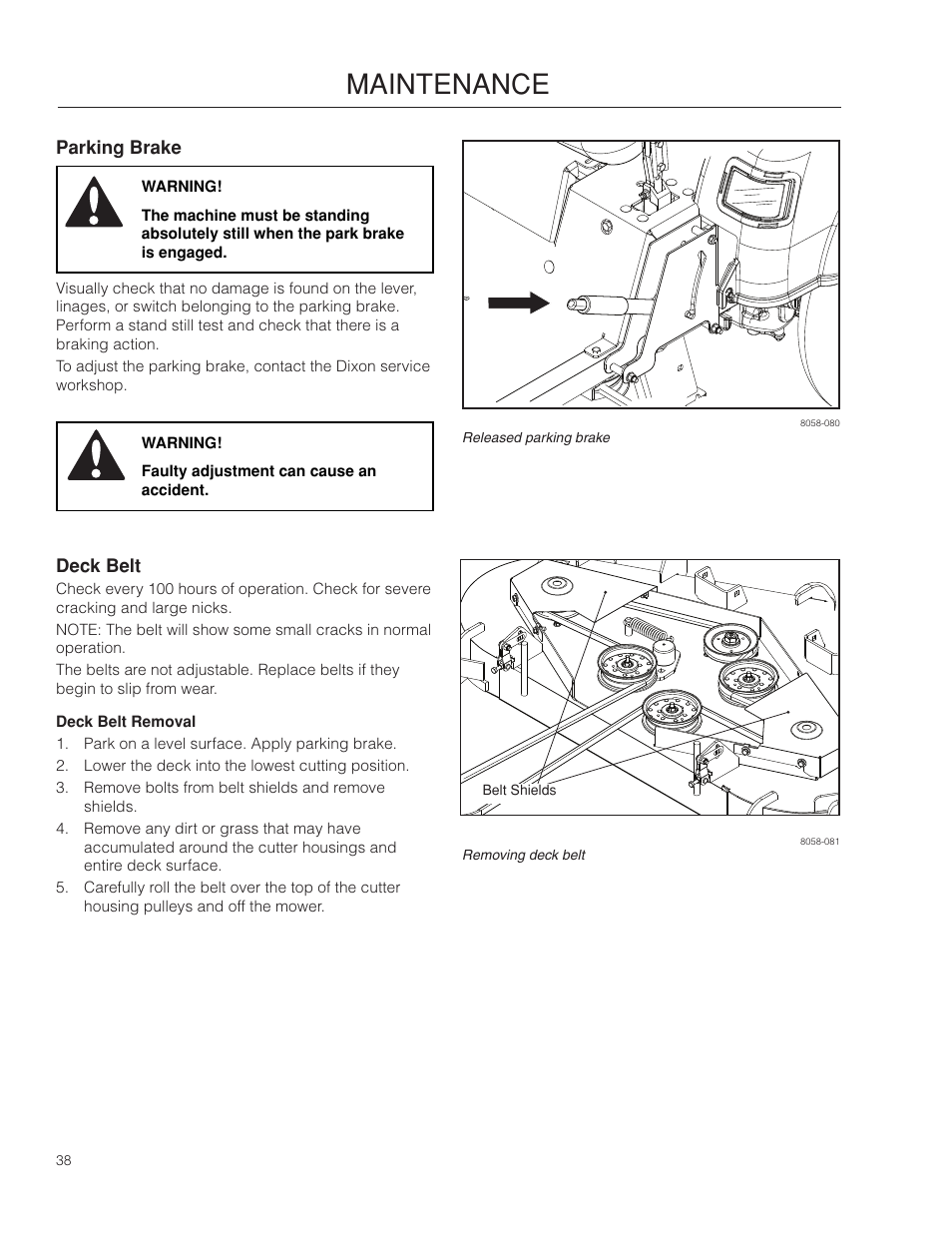 Parking brake, Deck belt, Maintenance | Dixon SpeedZTR 966496301 User Manual | Page 38 / 64