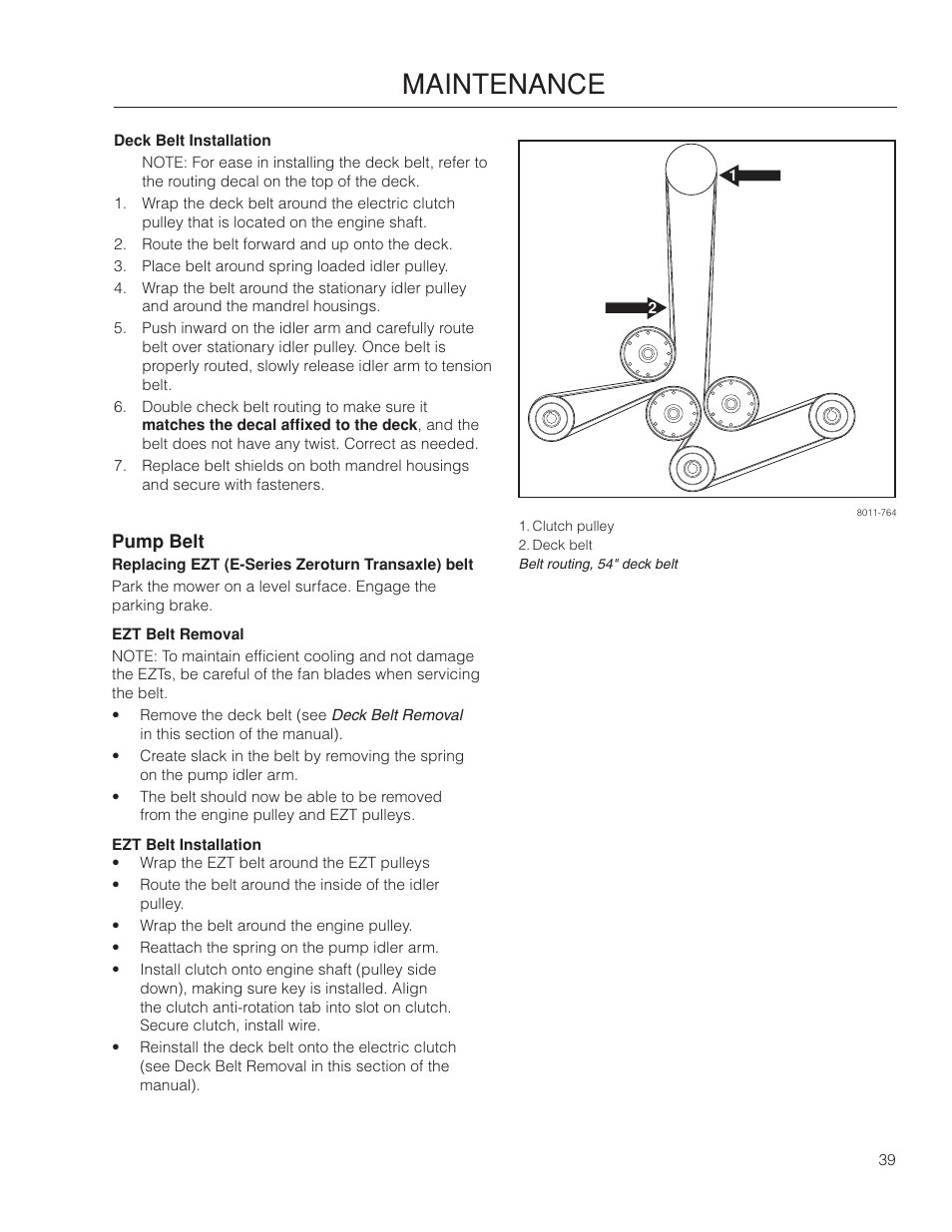 Pump belt, Maintenance | Dixon SpeedZTR 966496301 User Manual | Page 39 / 64