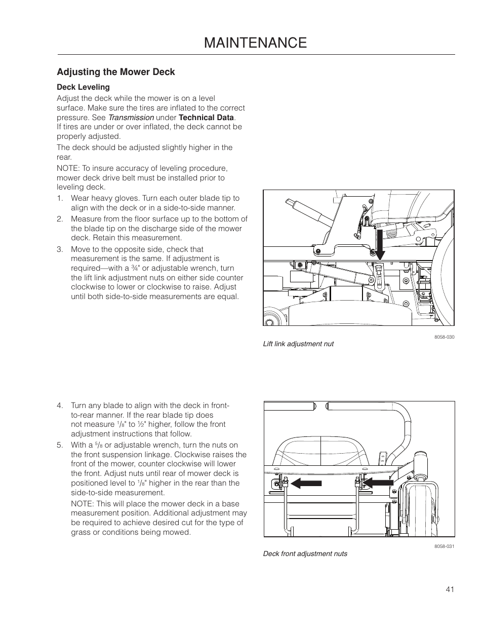 Adjusting the mower deck, Deck leveling, Maintenance | Dixon SpeedZTR 966496301 User Manual | Page 41 / 64