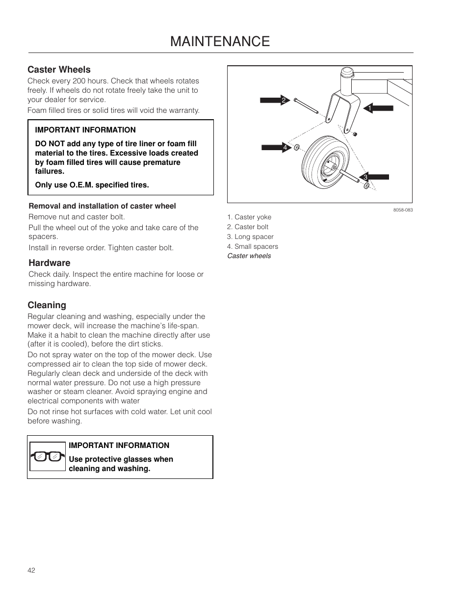 Caster wheels, Hardware, Cleaning | Maintenance | Dixon SpeedZTR 966496301 User Manual | Page 42 / 64