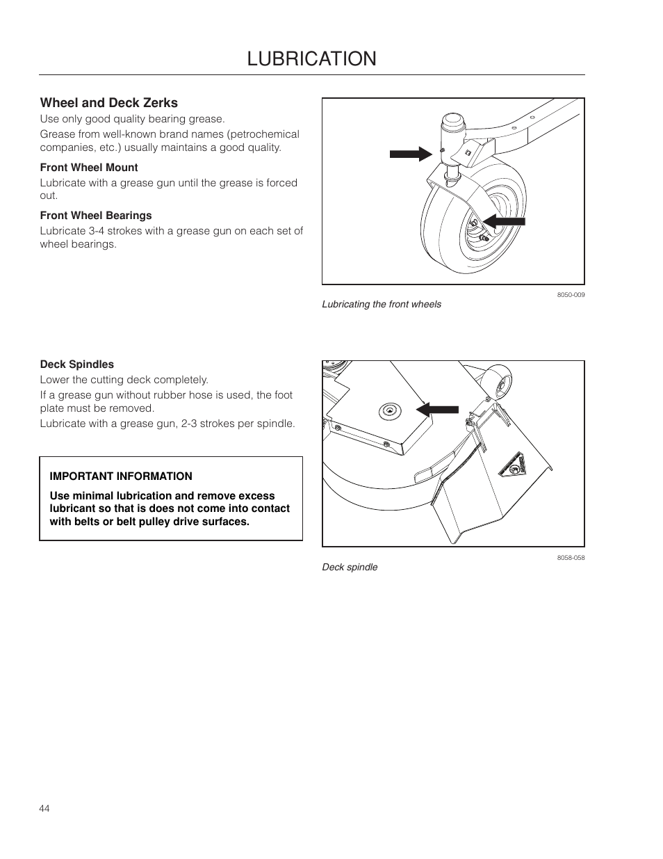 Wheel and deck zerks, Front wheel mount, Front wheel bearings | Deck spindles, Lubrication | Dixon SpeedZTR 966496301 User Manual | Page 44 / 64