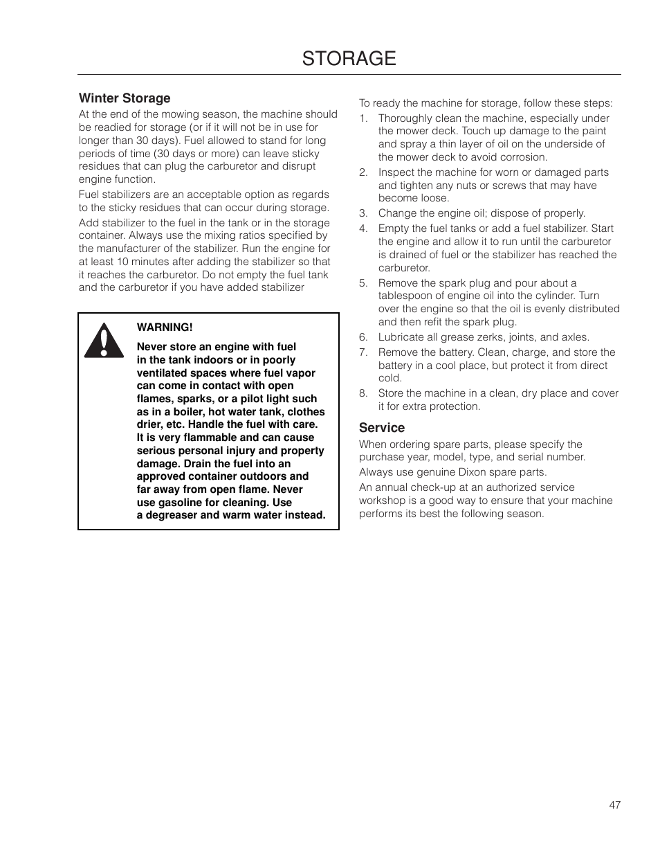 Winter storage, Service, Storage | Dixon SpeedZTR 966496301 User Manual | Page 47 / 64